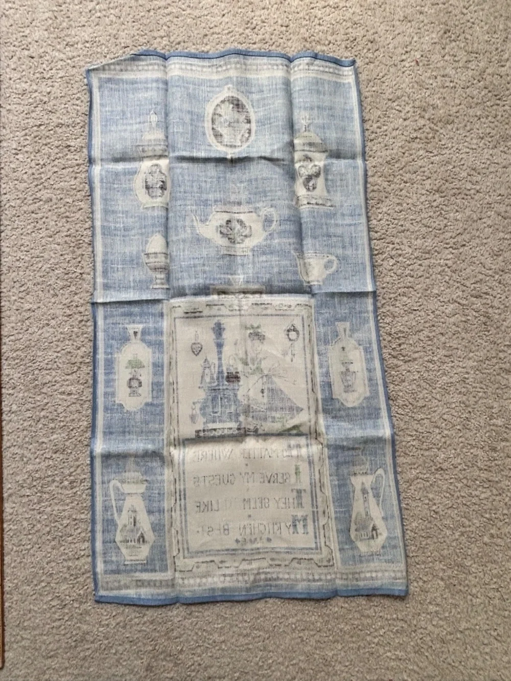 Vintage kitchen tea towel Teapot Woman Cat Stove Printed Cross Stitch